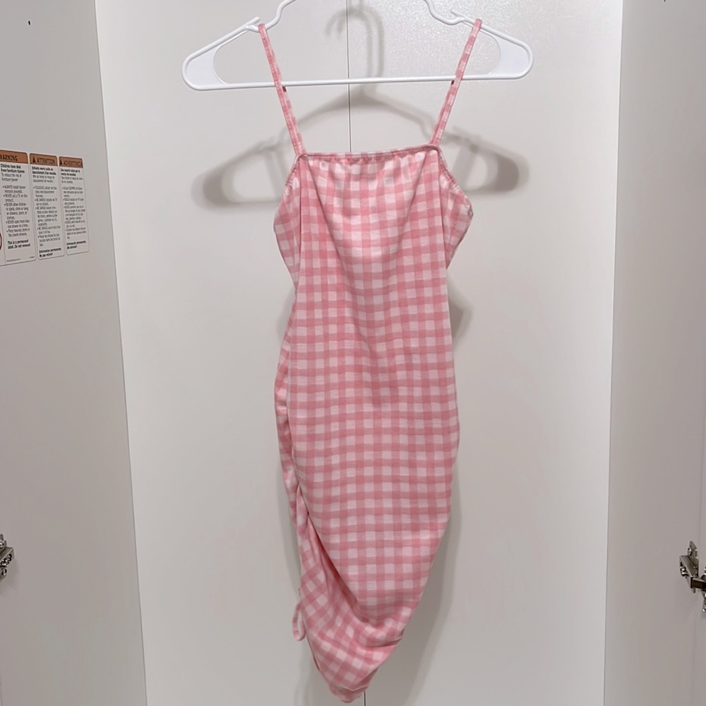 Ruched Pink Plaid Dress